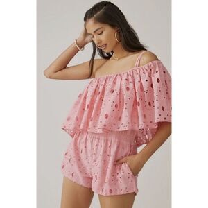 Anthropologie X‎ La Fuori Collection One Shoulder Eyelet Pink Romper Size XS NWT